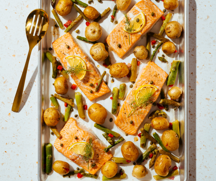 Sheet Pan Meal: Salmon with Roasted Russets & Asparagus